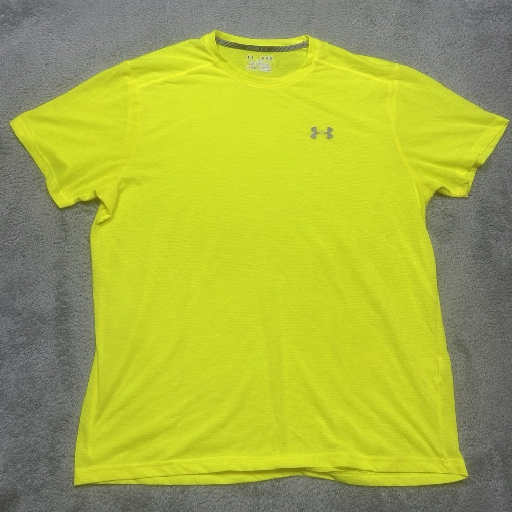 Under Armour RUN Shirt Men's XL Neon Yellow HeatGear Short Sleeve Active Running